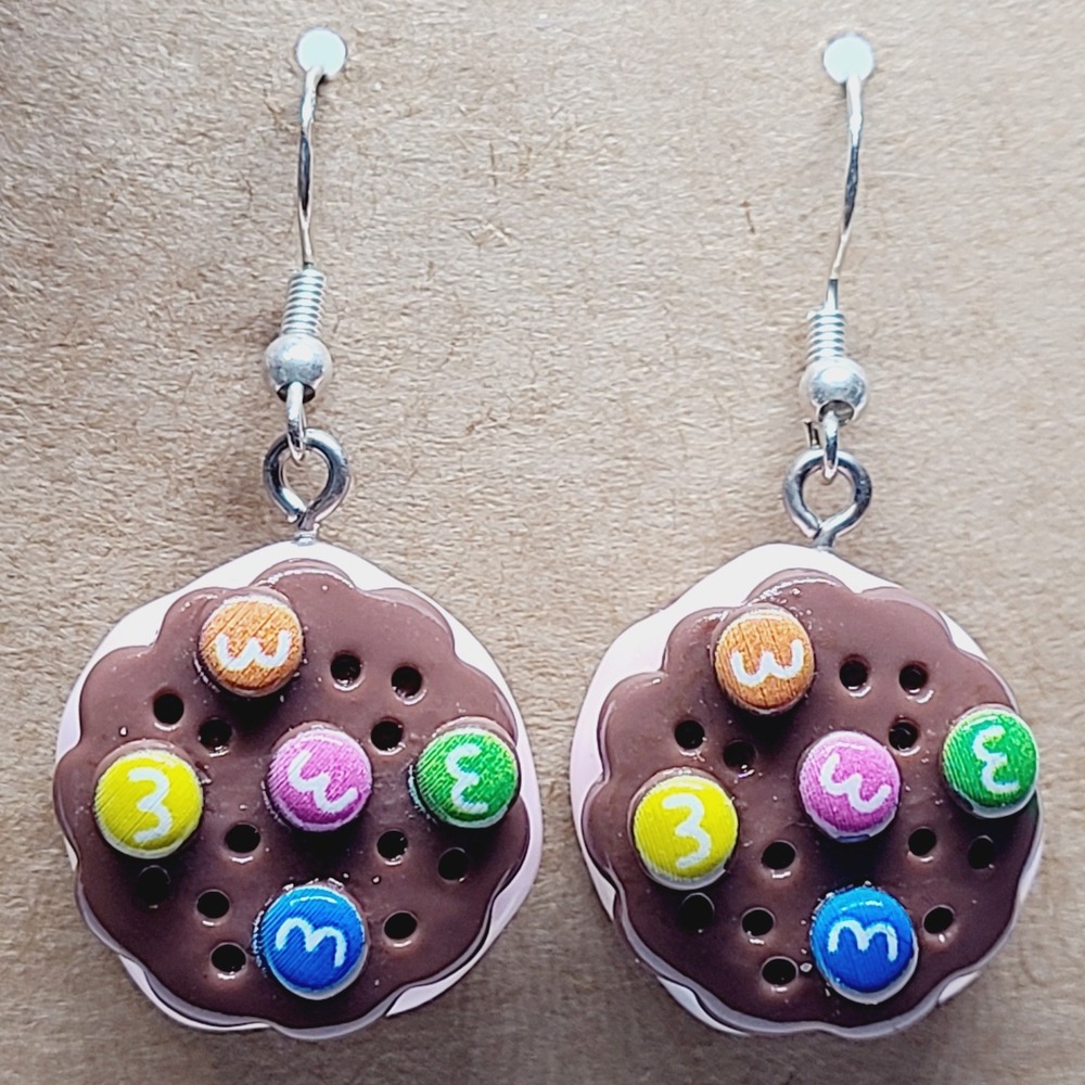 Handmade Chocolate Candy Cookie Sandwich Drop Earrings Pink Cream Resin Food